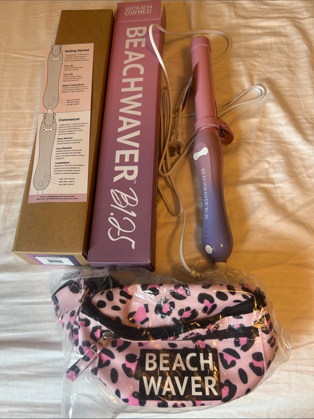 Beachwaver Pink Beach Waver 1.25 Curling Iron with Pink Leopard Travel Pouch
